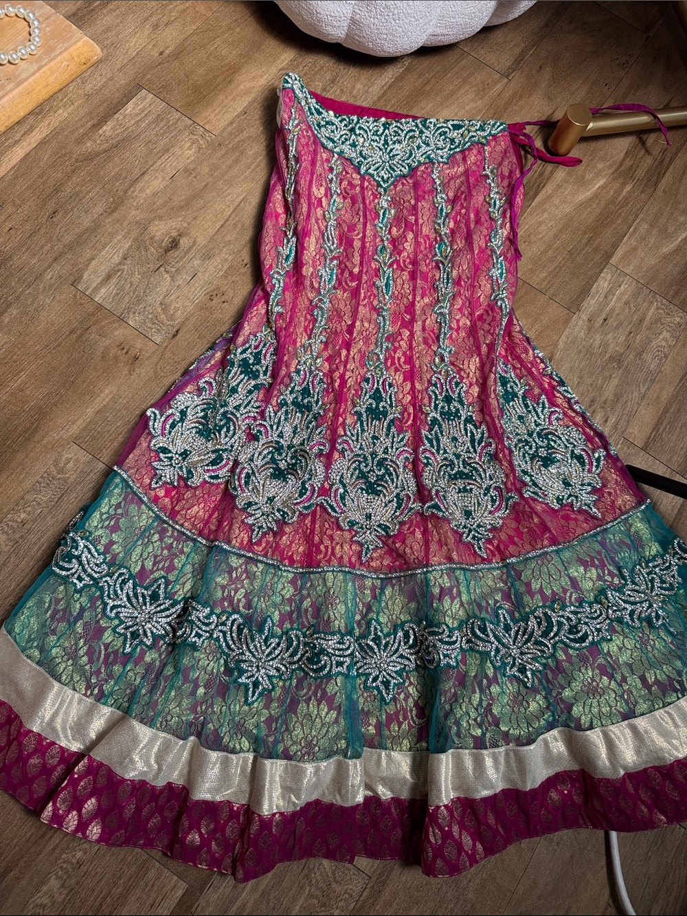 Embroidered Pink & Teal Indian Skirt